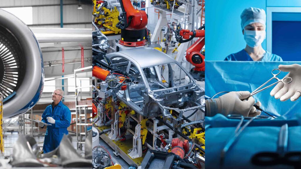 Collage of aerospace, automotive, and medical manufacturing industries"