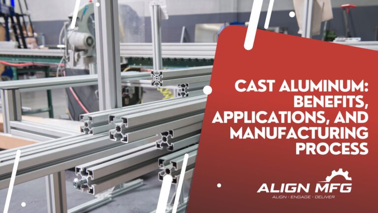 Banner with text discussing the benefits, applications, and manufacturing process of cast aluminum with a background of aluminum extrusion profiles.