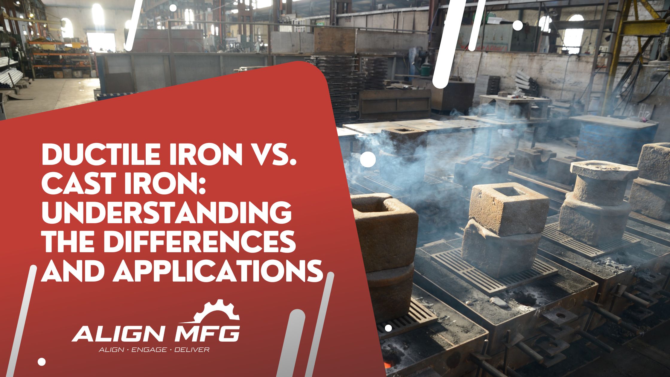 A comparative banner image highlighting the differences between ductile iron and cast iron, focusing on their microstructure, mechanical properties, composition, graphite behavior, and heat treatment