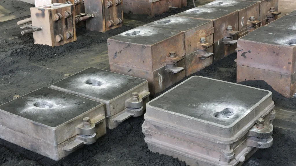 Casting mold boxes arranged in an industrial setting, used for the metal casting process.