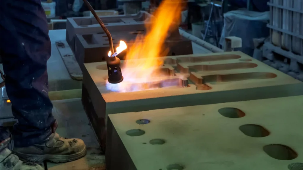 Worker flame hardening a metal surface in an industrial setting.