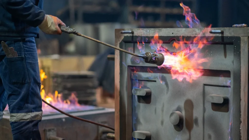 Worker performing flame hardening on a metal mold for durability enhancement.