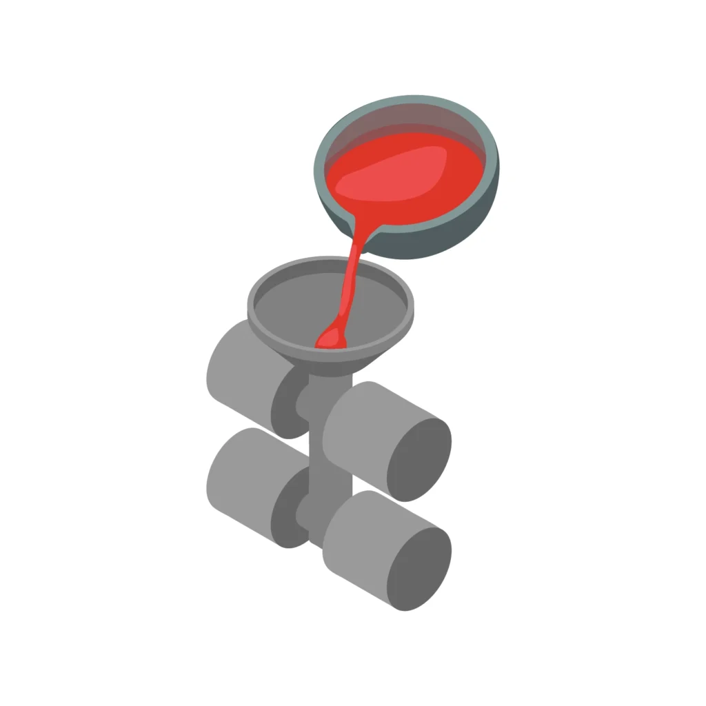 Illustration of molten metal being poured into a mold in the casting process.