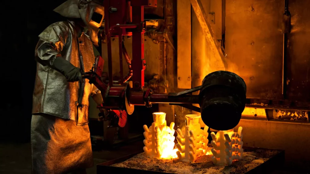 A foundry worker in protective gear pouring molten metal into ceramic molds in a high-temperature casting process, with glowing metal illuminating the workshop