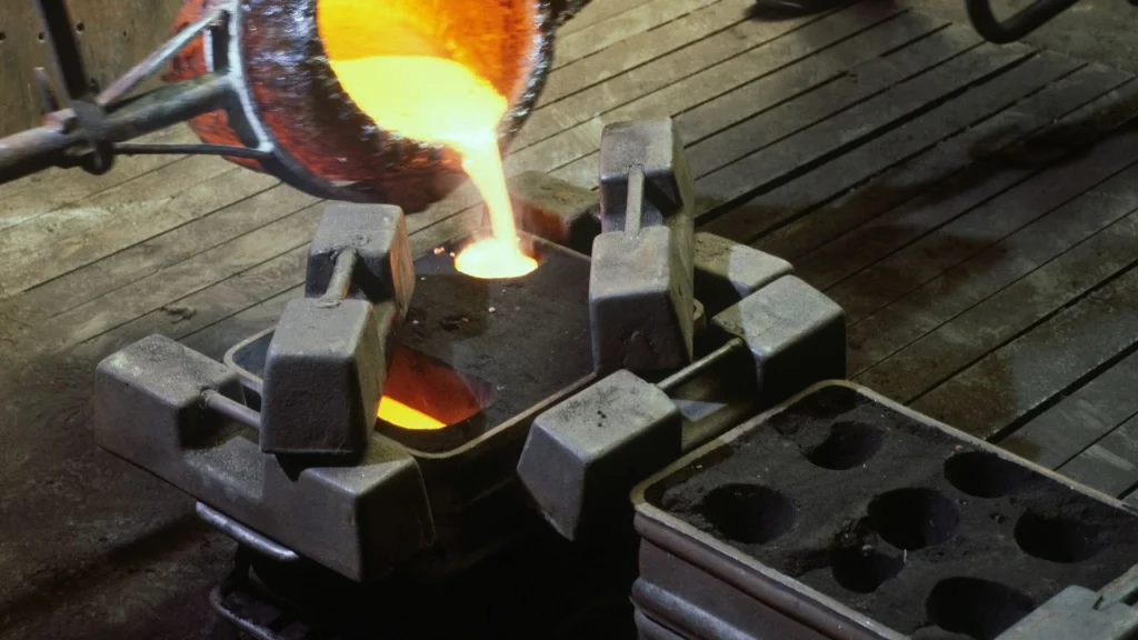 Molten metal being poured into a sand mold for industrial casting.