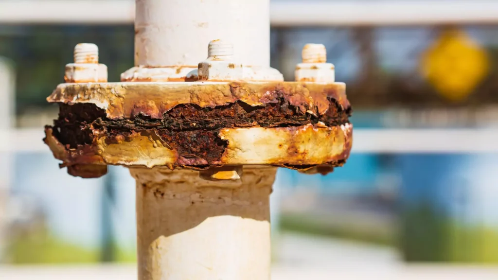 A close-up of a severely rusted pipe flange with corroded bolts, highlighting the effects of oxidation and metal deterioration.