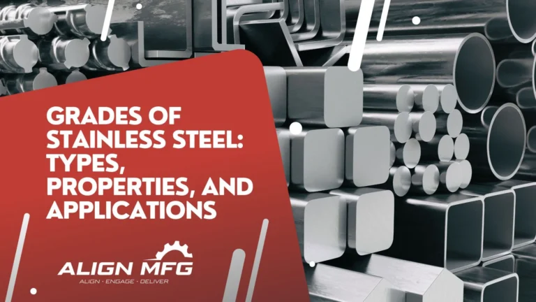 Align MFG banner featuring various stainless steel profiles, including round, square, and rectangular tubes, with bold text highlighting 'Grades of Stainless Steel: Types, Properties, and Applications.