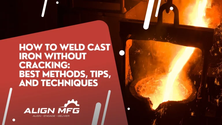 Align MFG banner featuring molten metal being poured into a casting mold, with text overlay reading 'How to Weld Cast Iron Without Cracking: Best Methods, Tips, and Techniques.