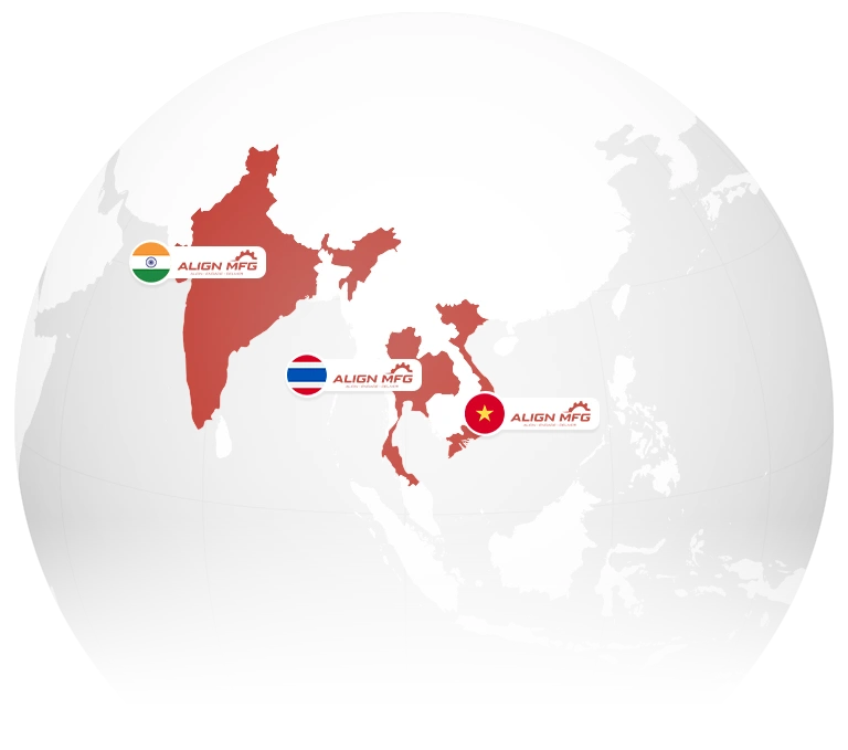 A globe map highlighting the global presence of Align MFG in India, Thailand, and Vietnam, with country flags and company logos.