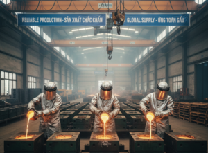 Workers in protective heat resistant suits pour molten metal into moulds inside a large industrial foundry with overhead cranes and bilingual production banners.