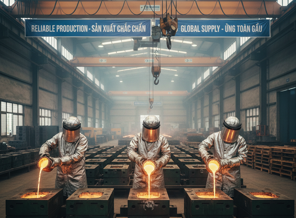 Workers in protective heat resistant suits pour molten metal into moulds inside a large industrial foundry with overhead cranes and bilingual production banners.