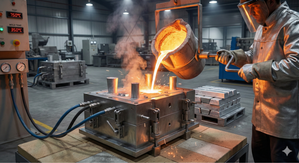 A worker in protective gear pours molten metal from a crucible into a steel mould inside a modern industrial foundry, with sparks rising and equipment visible in the background.