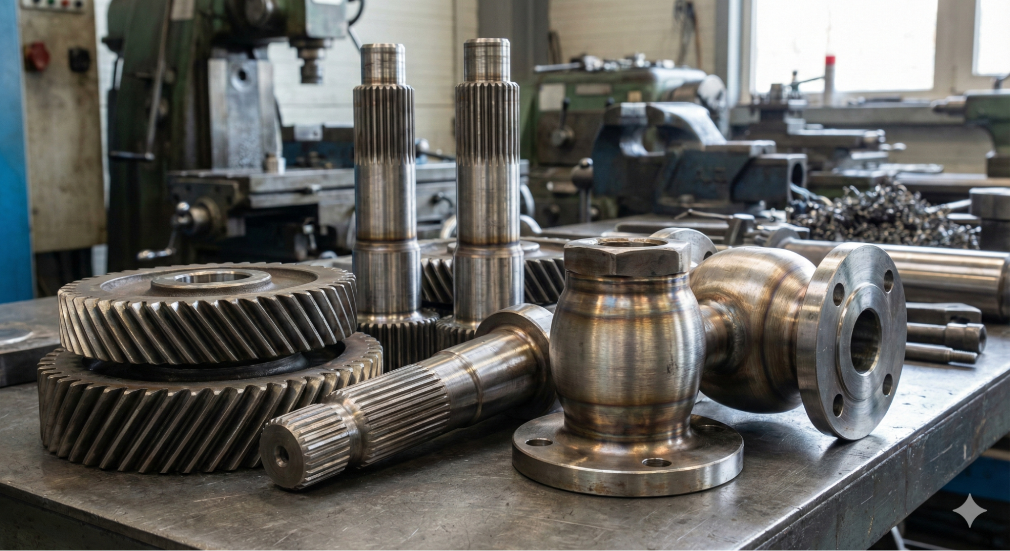 A close view of precision machined metal gears, shafts and flanged components arranged on a workbench inside an industrial workshop, with heavy machinery and tools visible in the background.