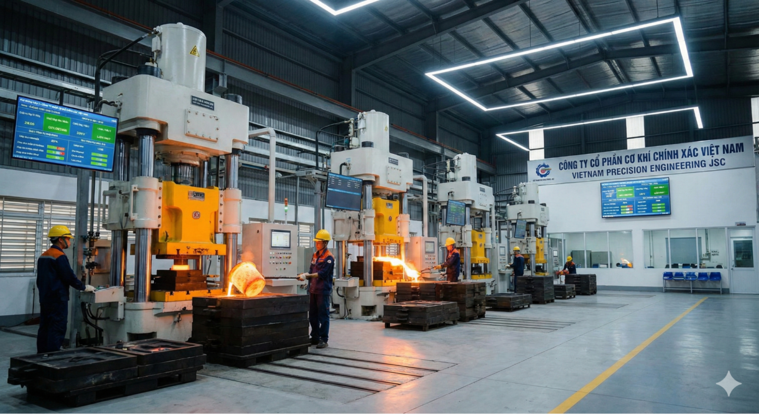 Interior of a large, modern metal forging facility with workers operating hydraulic presses, glowing hot metal being shaped, safety gear worn by staff and digital production screens displayed across.